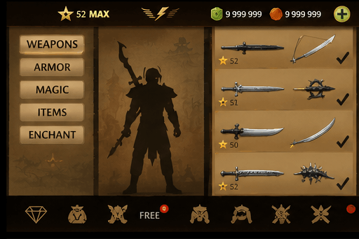 Shadow Fight 2 MOD APK all weapons and huge armory unlocked screen